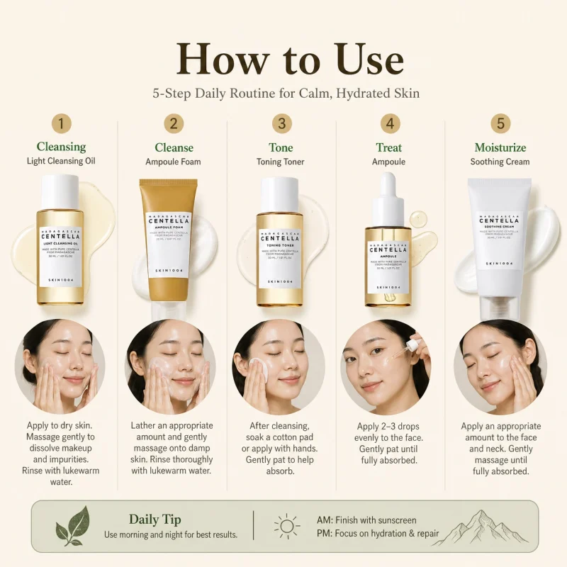 Korean Centella Travel Kit,Toner, Ampoule,Soothing Cream,Ampoule Foam,Cleansing Oil Basic Skincare Mini 5pcs Trial Kit Box