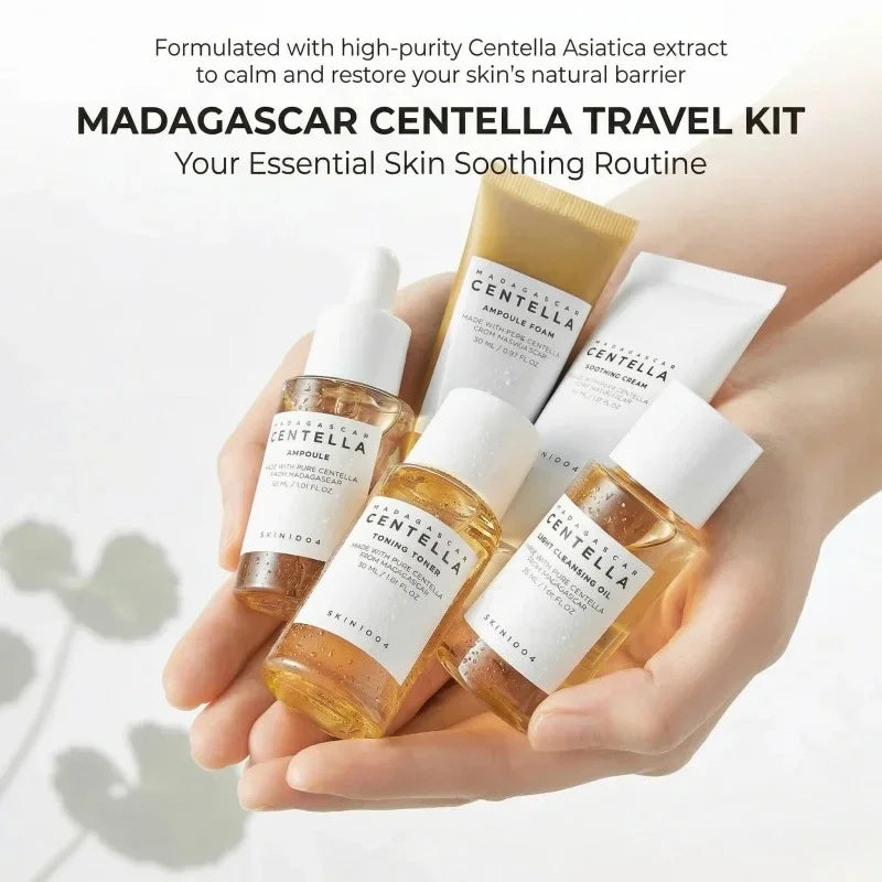 Korean Centella Travel Kit,Toner, Ampoule,Soothing Cream,Ampoule Foam,Cleansing Oil Basic Skincare Mini 5pcs Trial Kit Box